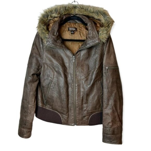 Danier Brown Leather Jacket with  Faux Fur Trim - Picture 1 of 11